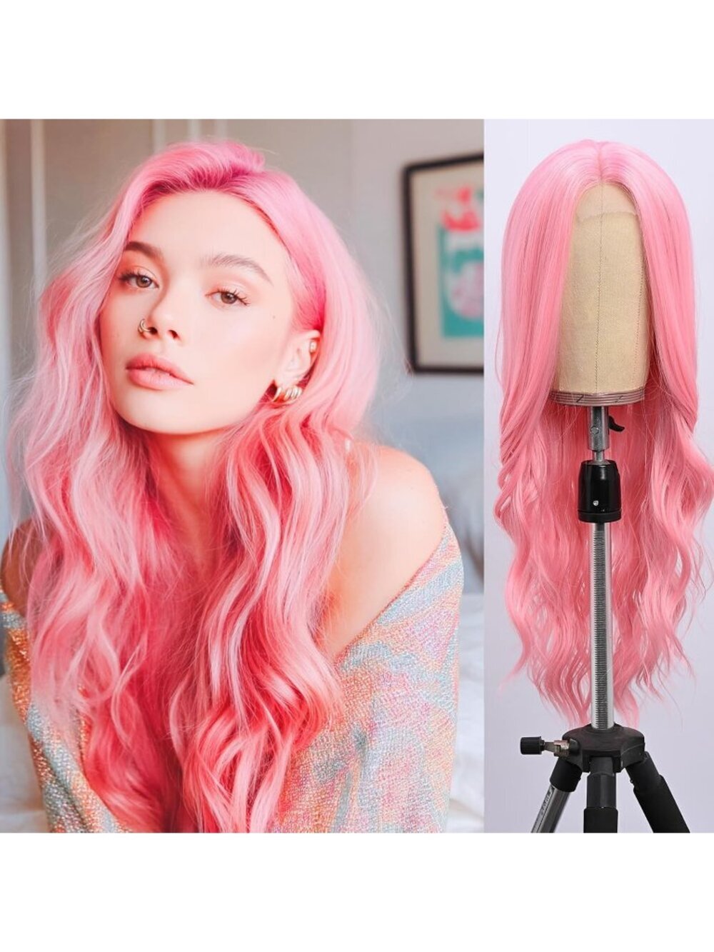 Women's Pink 26 Inch Natural Looking Synthetic Heat Resistant Fiber Wigs